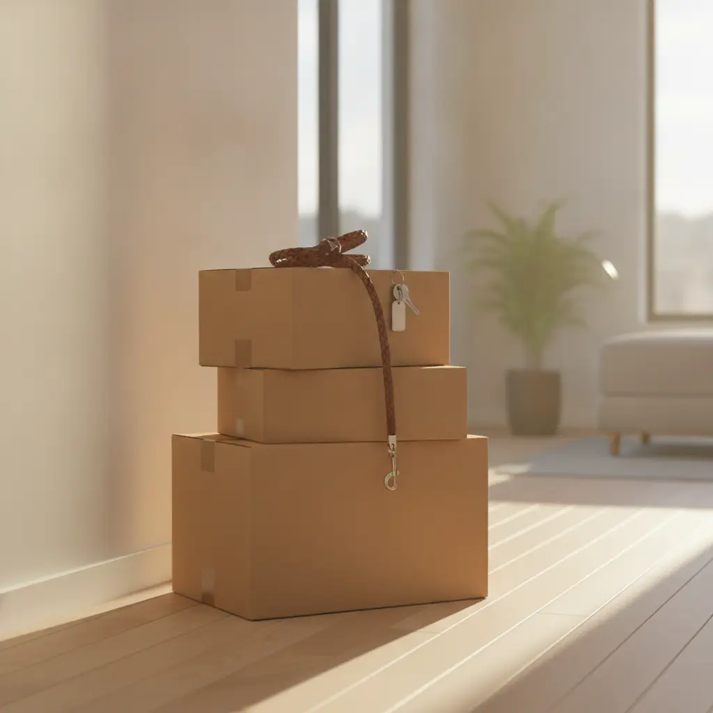 A stack of cardboard moving boxes with a leather leash and keys draped over them in a sunlit room, representing moving with a dog apartment living.