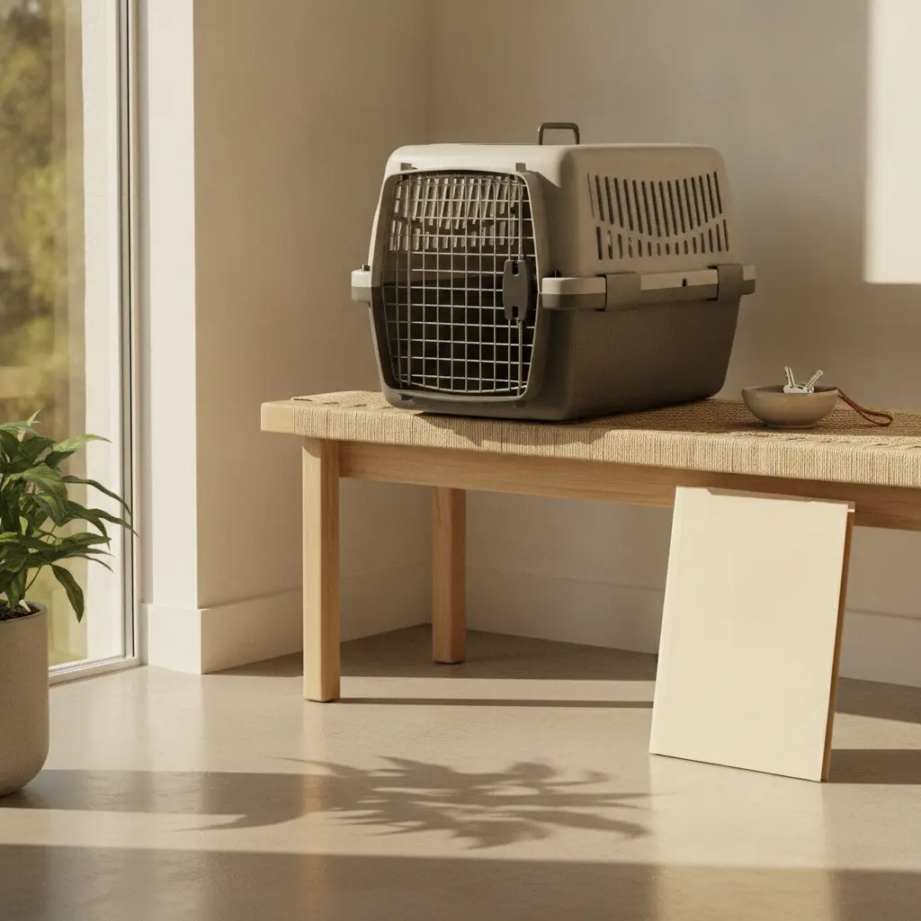 A gray pet carrier rests on a woven bench next to a potted plant in a sunny room, representing the process of moving with exotic animal.