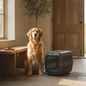 A golden retriever sitting on a stone floor next to a portable dog crate while moving with pets cross country.