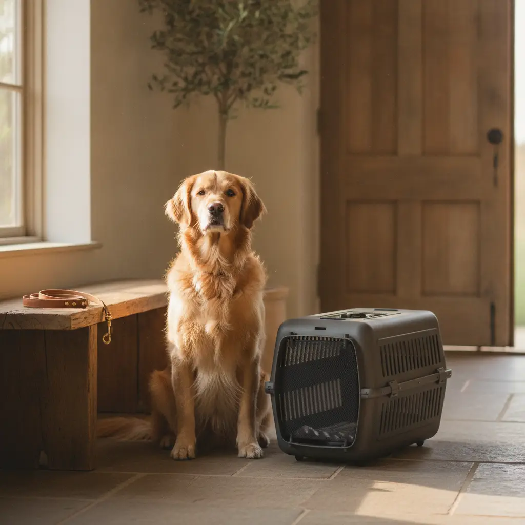 A golden retriever sitting on a stone floor next to a portable dog crate while moving with pets cross country.