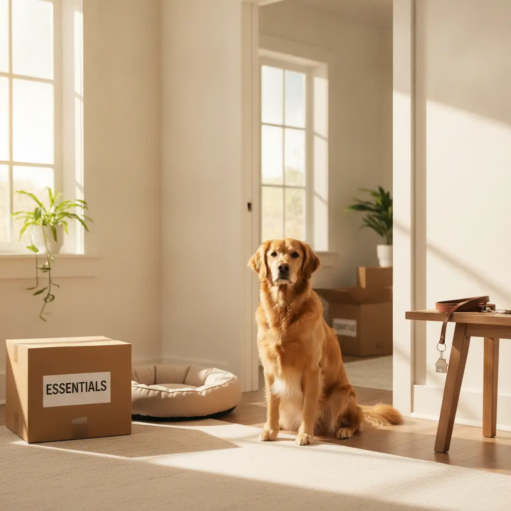 A golden retriever sitting on a living room floor surrounded by moving boxes, highlighting the experience of moving with pets.