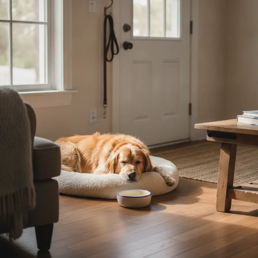 A golden retriever lies sleeping on a soft white bed on a wooden floor, representing the process to pet adjust new home life.