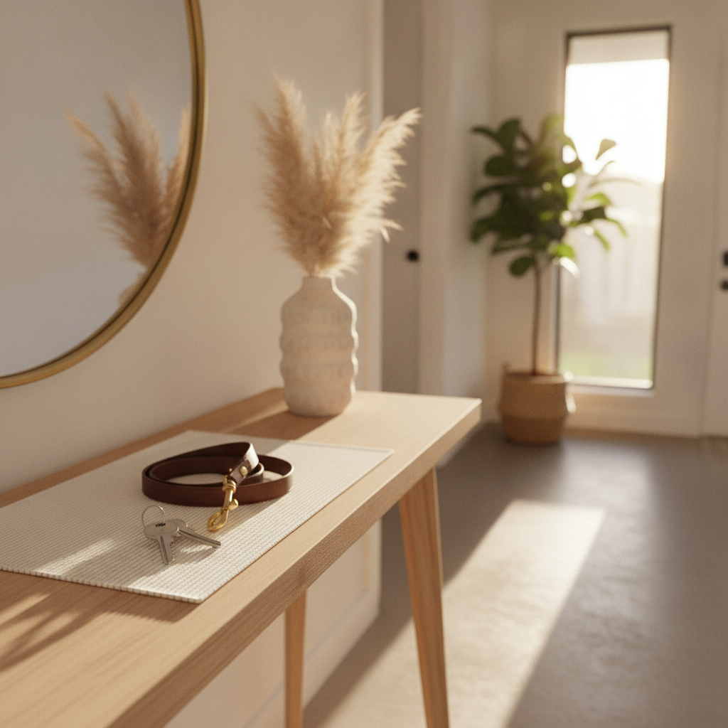 A modern entryway console table features a decorative vase with pampas grass, a round wall mirror, and a set of keys with a dog leash placed by a pet-friendly moving company.