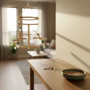 A shallow ceramic bowl with birdseed and a set of metal keys rest on a wooden entry table in a softly lit living space that is perfect for renting with a bird apartment.