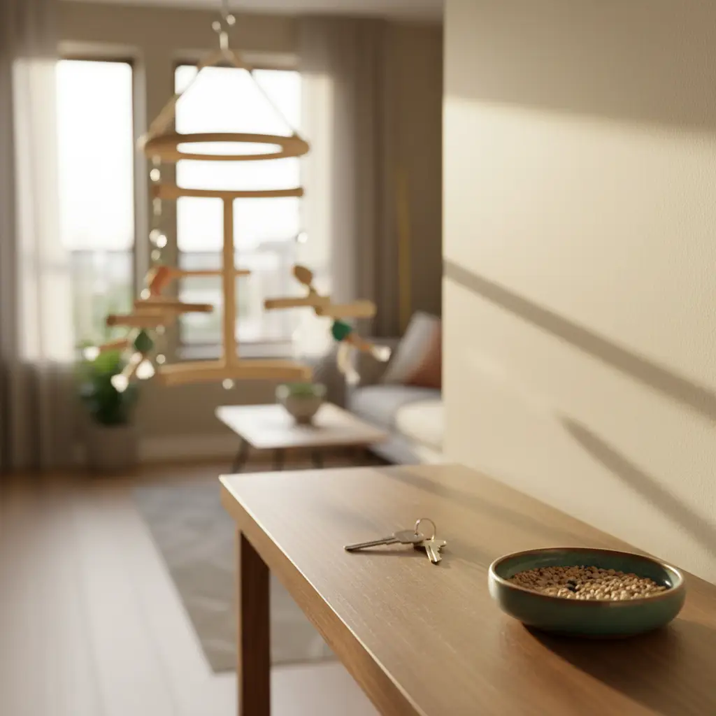 A shallow ceramic bowl with birdseed and a set of metal keys rest on a wooden entry table in a softly lit living space that is perfect for renting with a bird apartment.