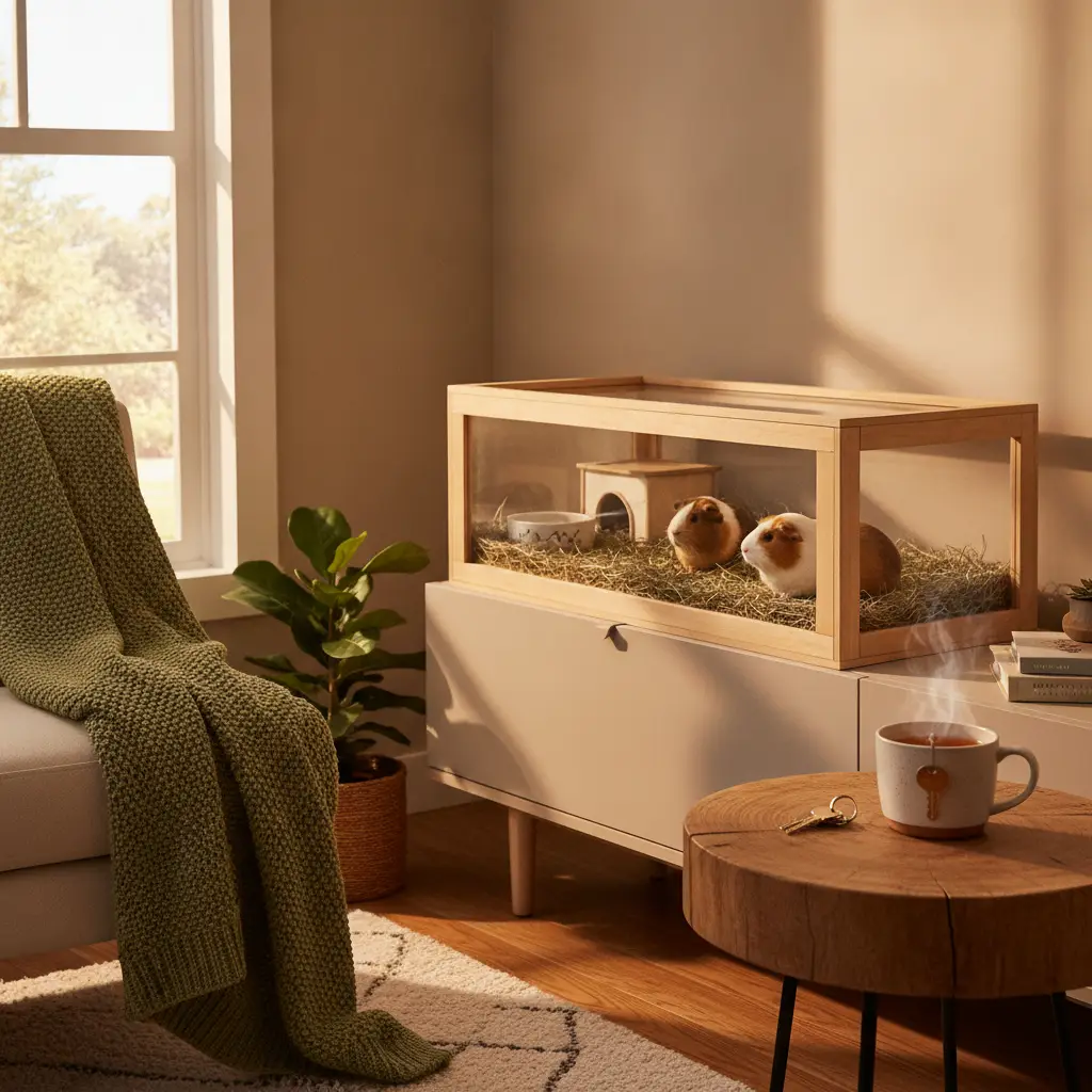 Two guinea pigs inside a wooden enclosure on a cabinet in a sunlit living room, representing the experience of renting with a guinea pig.
