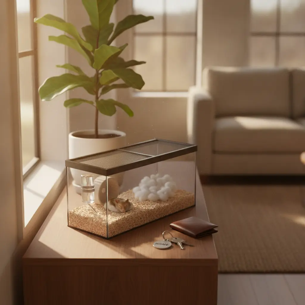 A small hamster sleeps in a glass tank enclosure placed on a wooden table next to house keys, demonstrating a scene of renting with a hamster.