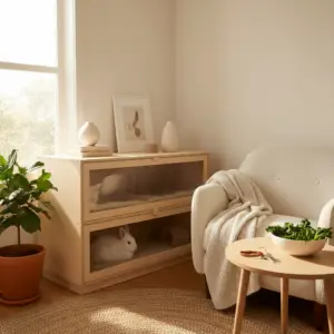 A clean, modern living room corner features a white rabbit sitting inside a wooden enclosure, showcasing a comfortable solution for renting with a rabbit.