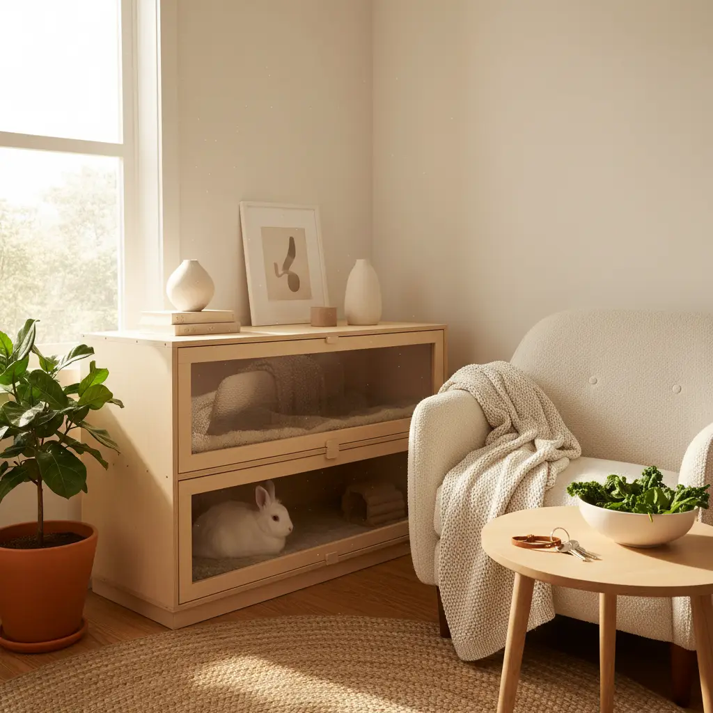 A clean, modern living room corner features a white rabbit sitting inside a wooden enclosure, showcasing a comfortable solution for renting with a rabbit.