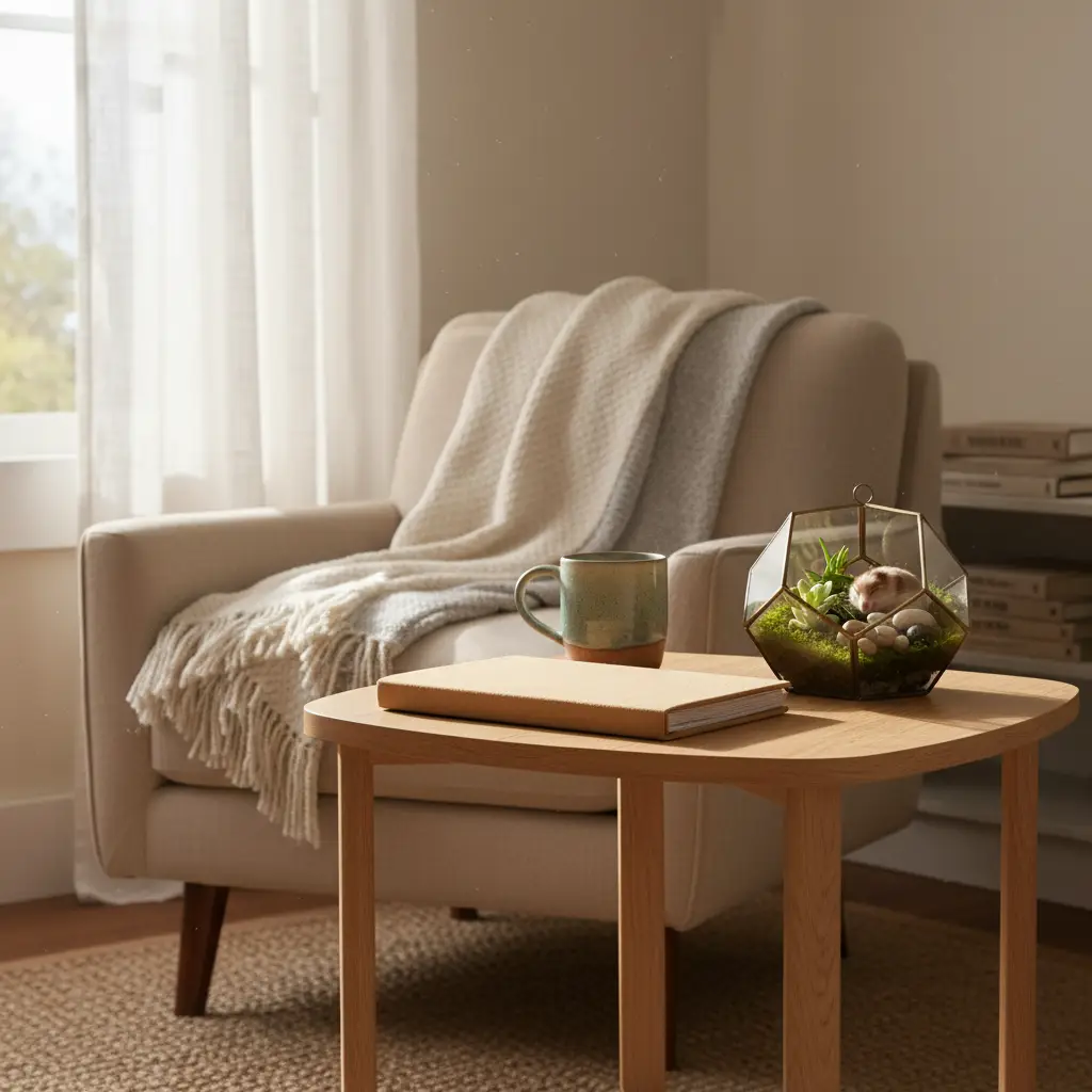 A cozy room with a soft armchair and a wooden side table featuring a small glass terrarium containing a tiny animal, perfect for individuals interested in renting with non-traditional pets.