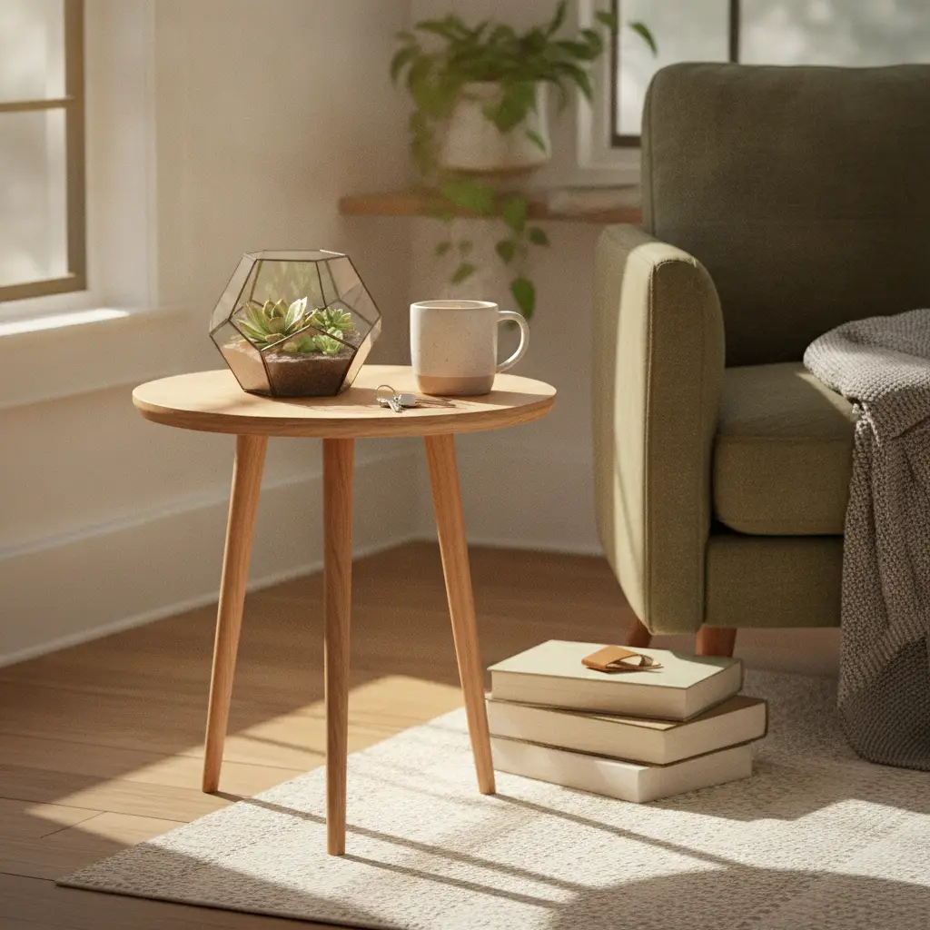 A wooden side table in a bright living room holds a succulent terrarium and coffee mug, showing how to decorate while renting with reptiles apartment.
