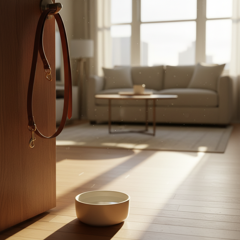 A leather leash hangs on a wooden door next to a water bowl on the floor, highlighting the topic of what pets are not allowed in apartments.