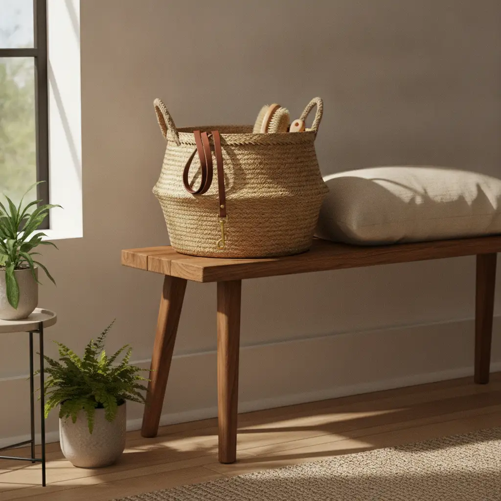 A woven basket containing pet grooming brushes and a leather leash rests on a wooden bench, helping owners decide where to buy flea treatment by keeping supplies easily accessible.