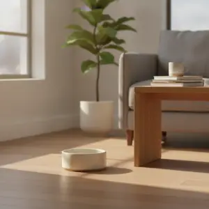 A ceramic bowl sits on a hardwood floor in a sunlit living room with a plant and chair, illustrating common apartment safety hazards pets can face.
