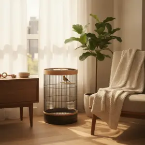 A small canary rests inside a minimalist bird cage apartment setup placed on a wooden floor near a sunny window and a large potted plant.