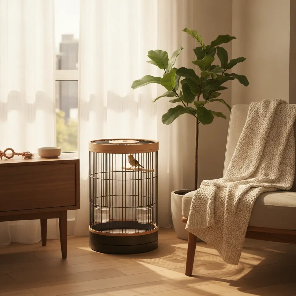 A small canary rests inside a minimalist bird cage apartment setup placed on a wooden floor near a sunny window and a large potted plant.