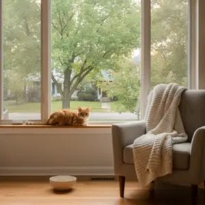 An orange cat resting on a window sill with a suburban street in the background as part of cat friendly neighborhoods Atlanta.
