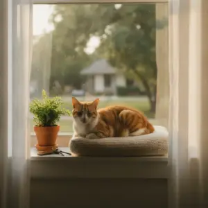 An orange and white cat sleeping on a soft cushion on a windowsill next to a small potted plant in one of the many cat friendly neighborhoods Austin.