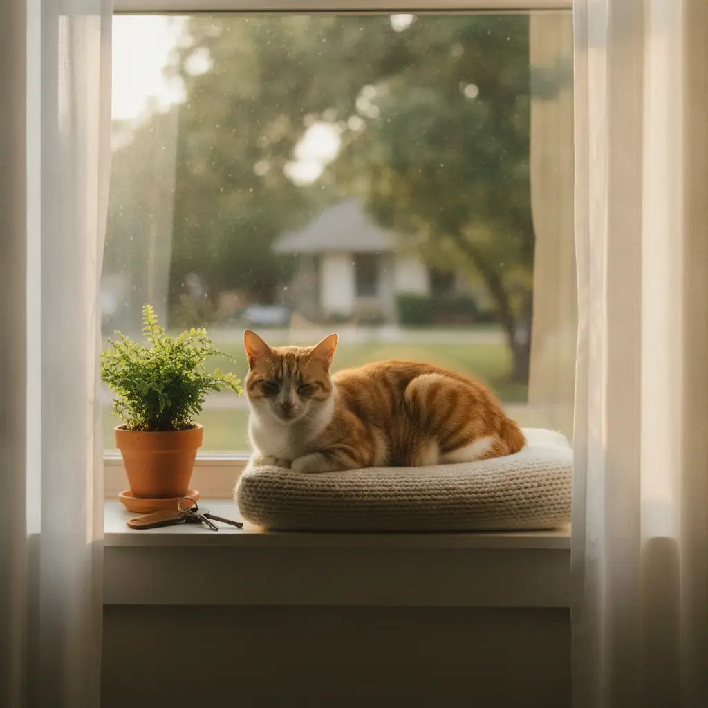 An orange and white cat sleeping on a soft cushion on a windowsill next to a small potted plant in one of the many cat friendly neighborhoods Austin.