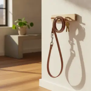 A minimalist wooden wall-mounted rack holds a brown leather leash and keys in a bright entryway, illustrating the organization featured in City-Specific Pet Guides.