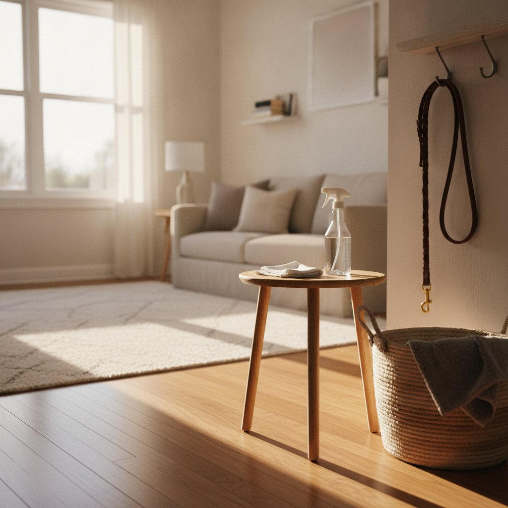 A living room featuring a small wooden table with cleaning supplies, showcasing the necessary steps to clean pet stains before inspection.