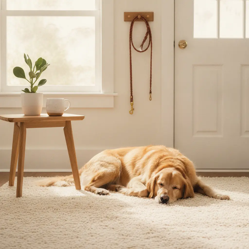 A golden retriever sleeps on a white shaggy carpet next to a wooden side table, showing a well-maintained home that is easy to deep clean apartment with pets.