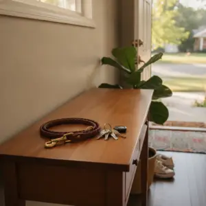A brown leather leash and house keys sit on a wooden console table in a bright entryway, a common sight for those living in dog friendly neighborhoods Atlanta renters call home.