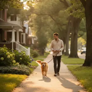 A man walks his golden retriever on a sidewalk during sunset in one of the dog friendly neighborhoods Austin renters enjoy living in.