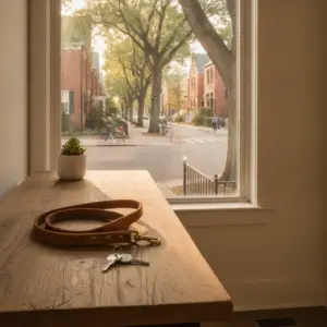 A leather leash and a set of keys sit on a wooden table near a window overlooking a tree-lined street in one of the dog friendly neighborhoods Boston renters choose for their proximity to parks.