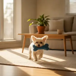 A small white dog trots across a carpeted living room floor while carrying a blue plush bone toy, illustrating a fun way to exercise dog small apartment environments.