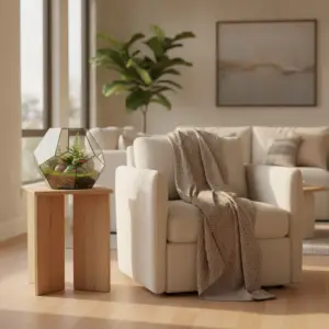 A cozy living room with a beige armchair and a decorative glass terrarium on a side table represents the style of exotic pet friendly apartments Austin.