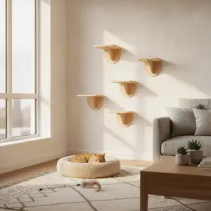 A minimalist living room featuring wooden climbing shelves on the wall and a cat resting in a soft bed, representing an indoor cat enrichment apartment.
