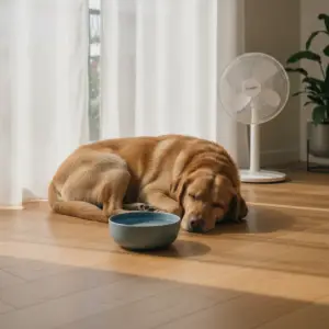 A golden retriever rests beside a bowl of water in a sunlit room with a floor fan, highlighting tips to keep apartment cool for pets summer.