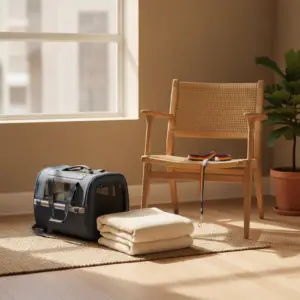 A soft pet carrier, a folded blanket, and a colorful leash rest on a rug near a wooden chair to help you keep pet safe during apartment maintenance.
