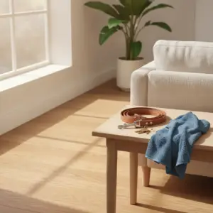 A leather leash, house keys, and a blue towel placed on a wooden table, serving as a reminder to consult your move out cleaning checklist pets before vacating your apartment.