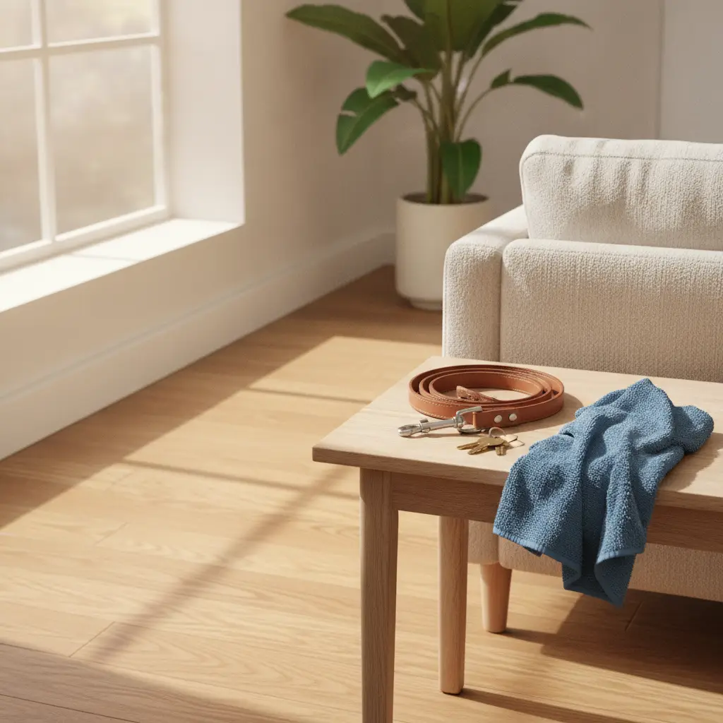 A leather leash, house keys, and a blue towel placed on a wooden table, serving as a reminder to consult your move out cleaning checklist pets before vacating your apartment.