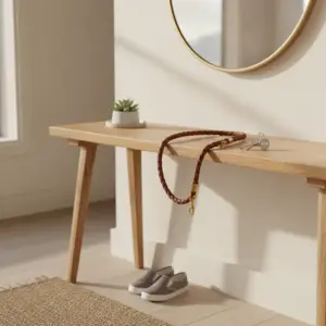 A minimalist wooden console table in an entryway with keys, a braided leash, and a small succulent, representing an organized pet emergency apartment space.