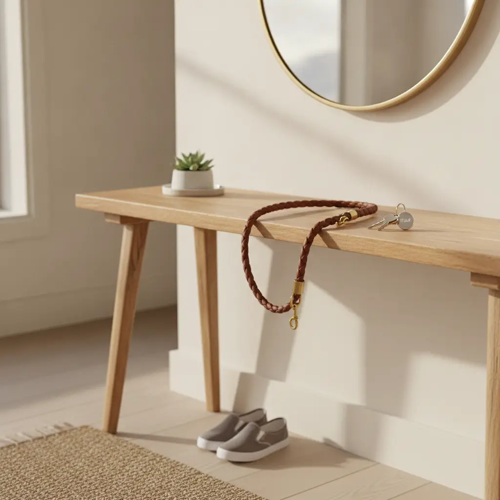 A minimalist wooden console table in an entryway with keys, a braided leash, and a small succulent, representing an organized pet emergency apartment space.