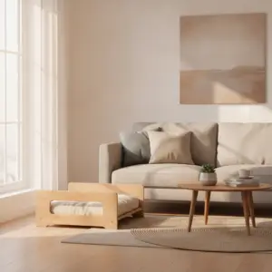 A brightly lit living room features a wooden pet furniture small apartment piece placed on a woven rug near a neutral sofa.