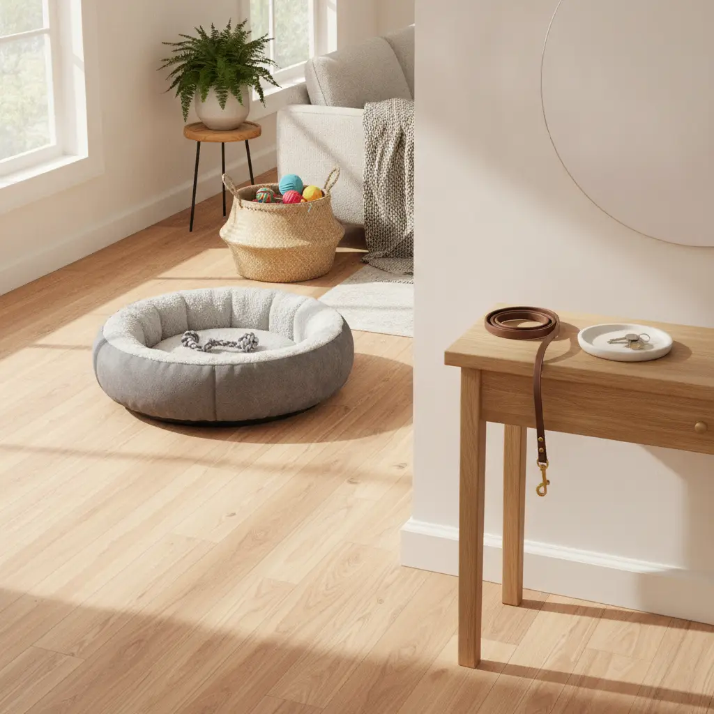 A bright living room setup showing a dog bed on the floor, a basket of toys, and a wooden table, illustrating how to pet proof apartment room by room.