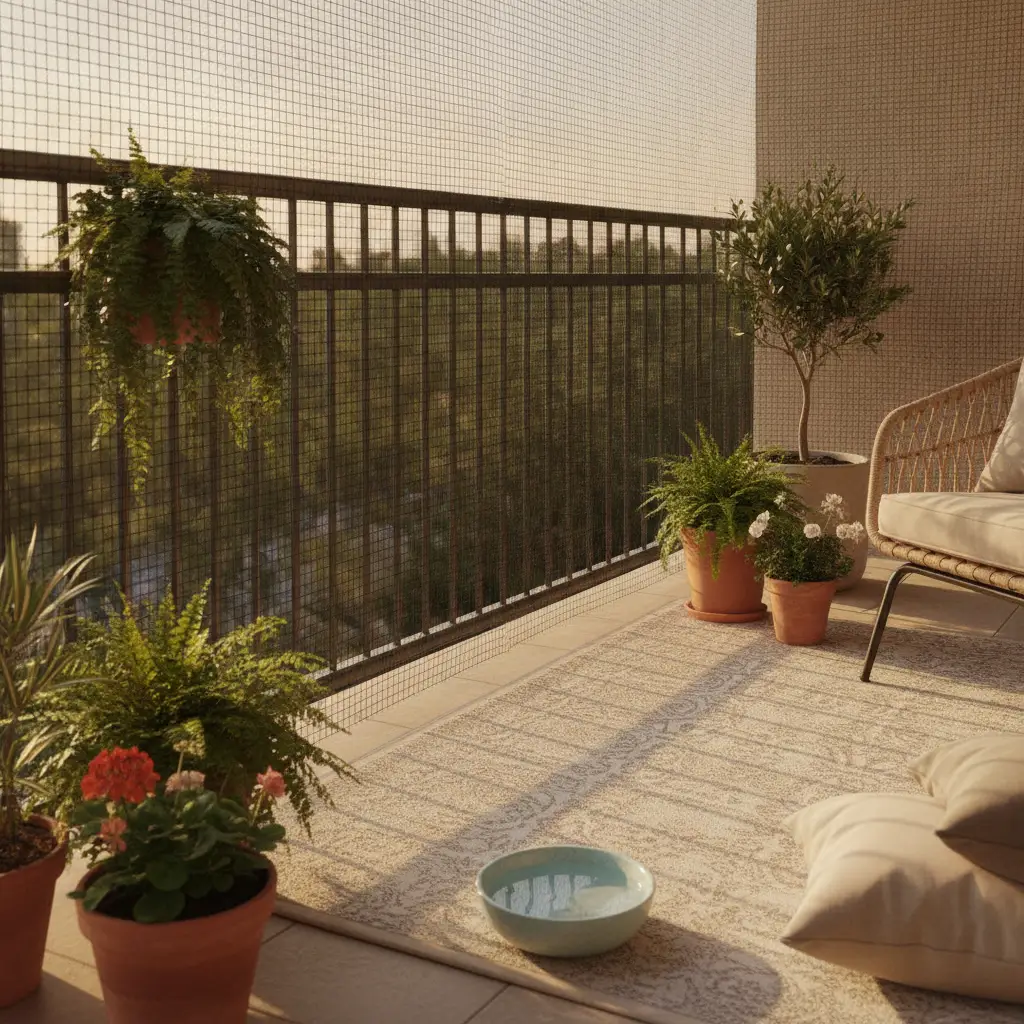 A cozy, sunlit balcony with potted plants, a wicker chair, and safety netting installed, showcasing a perfect pet proof balcony apartment setup.