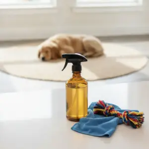 A spray bottle and cloth rest on a table near a sleeping dog to showcase pet safe cleaning products apartment options.