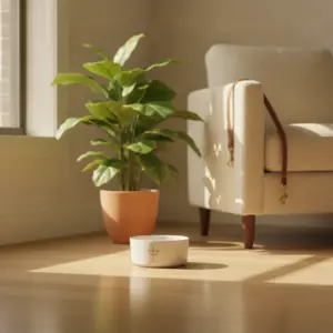 A minimalist white bowl sits on a hardwood floor near a houseplant and an armchair in a space managed with pet safe pest control rental methods.