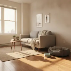 A living room featuring a neutral sofa, a rug, a small side table, and a dog bed on the hardwood floor representing a pet safe space small apartment.