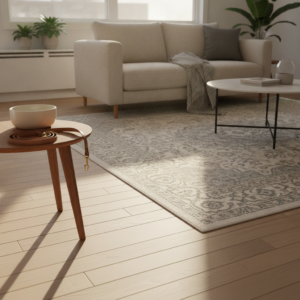 A bright, modern living room with a beige sofa, a coffee table, and an area rug, illustrating a home environment where tenants might look to protect floors pet damage rental spaces.