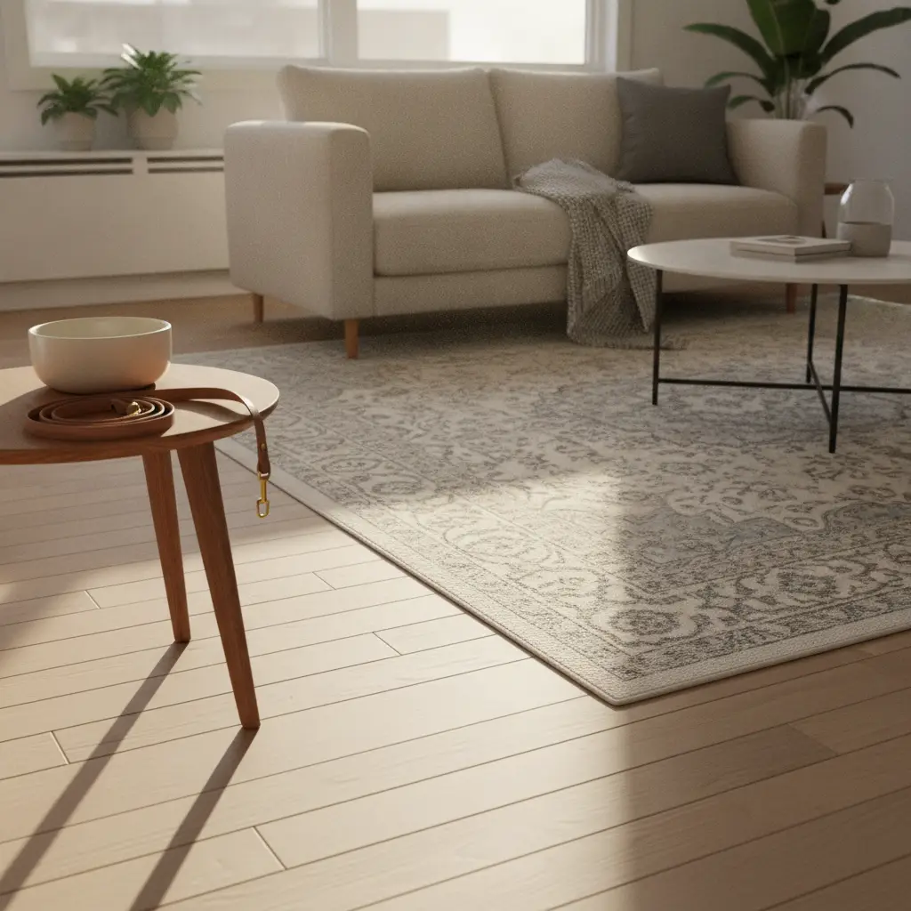 A bright, modern living room with a beige sofa, a coffee table, and an area rug, illustrating a home environment where tenants might look to protect floors pet damage rental spaces.