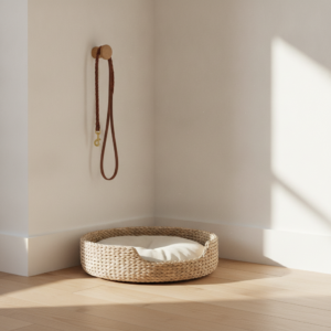 A clean interior corner with a light wooden floor, a woven pet bed on the floor, and a leather leash hanging on a wall hook to help protect walls pet damage rental.
