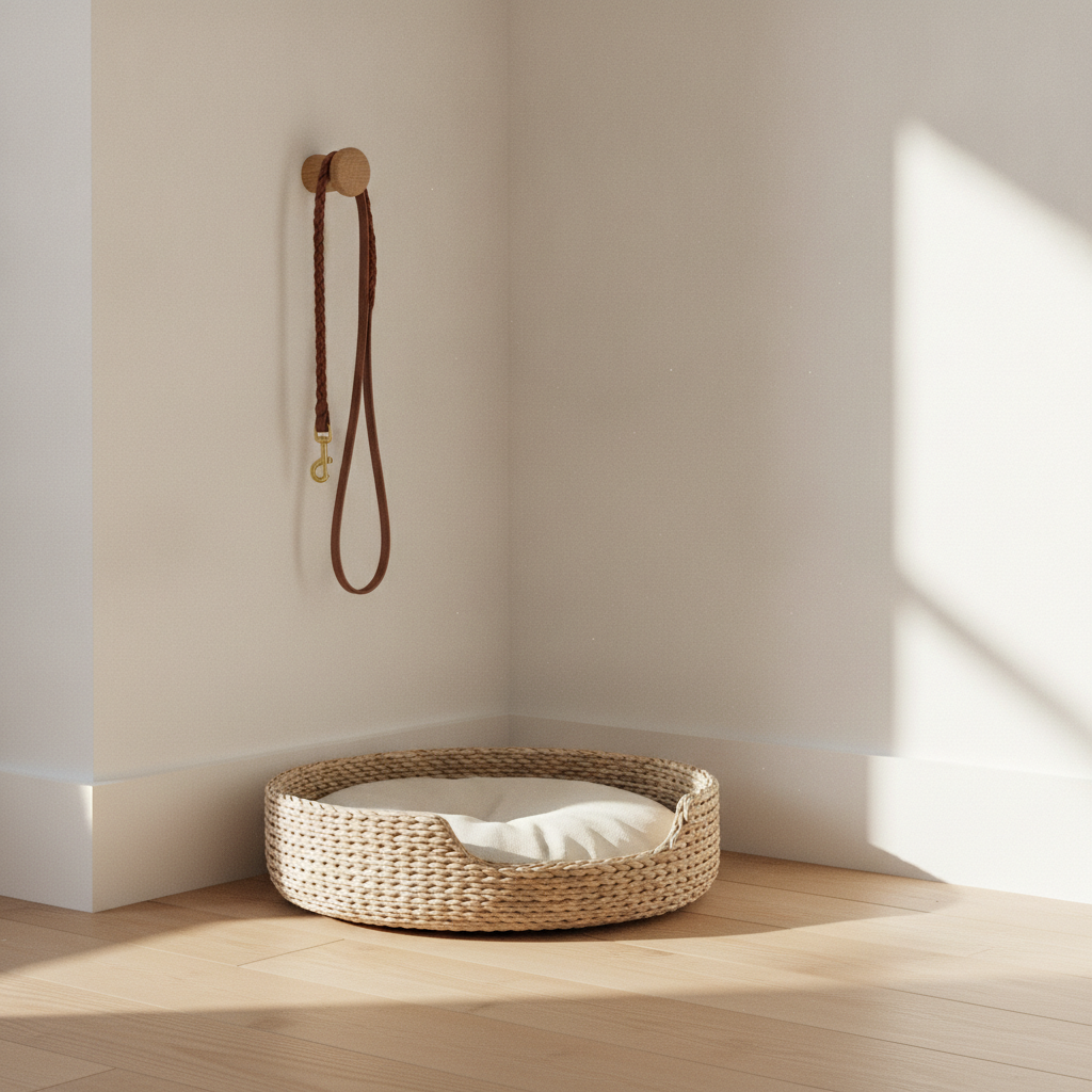 A clean interior corner with a light wooden floor, a woven pet bed on the floor, and a leather leash hanging on a wall hook to help protect walls pet damage rental.
