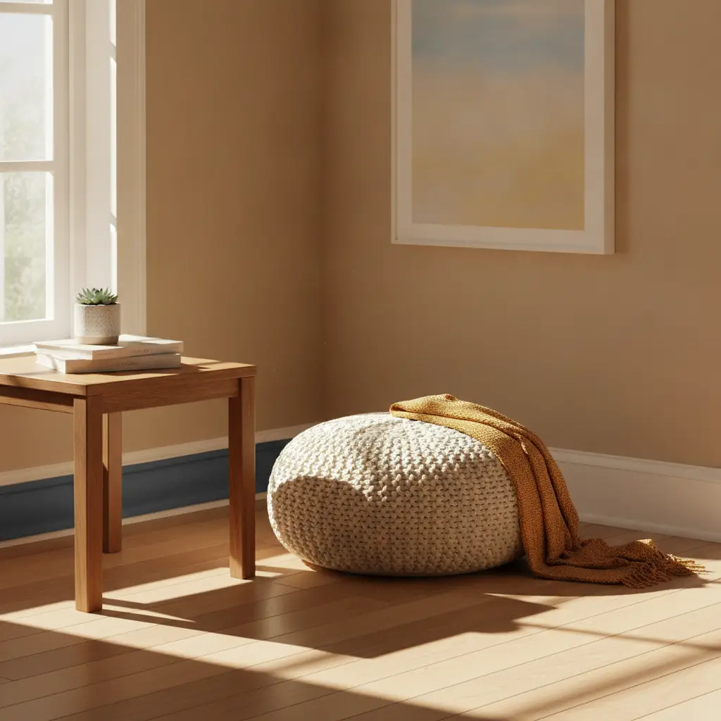 A sunlit living room corner with a wooden table, succulent, and a cream-colored ottoman draped with a mustard yellow throw blanket, showing an example of a rabbit proof apartment.