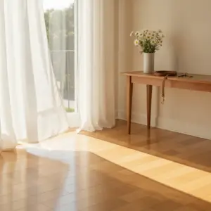 A minimalist entryway with light wood flooring, a vase of daisies on a table, and sheer curtains, representing the need to remove pet odors before moving out.